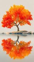 Vibrant autumn tree reflects in calm water at sunrise near a serene lakeshore photo