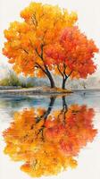 Vibrant autumn trees reflecting in a tranquil lake during a sunny day in a serene natural setting photo