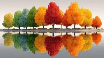 Vibrant autumn trees reflect in calm water at sunset near a serene lakeshore photo