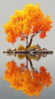 Vibrant orange tree stands alone on a calm lake reflecting its beauty during autumn photo