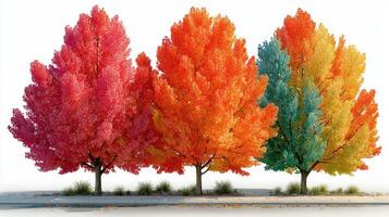 Brightly colored autumn trees lining a path in a serene outdoor setting during a sunny day photo