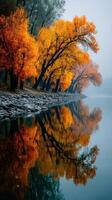 Autumn trees reflecting in calm water at riverbank during foggy day in serene natural setting photo