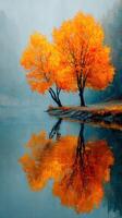 Vibrant orange trees reflect in calm water during an autumn morning at a serene lakeside photo
