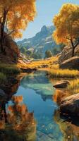 Lush autumn landscape with tranquil river reflecting golden trees and distant mountains under clear blue sky photo
