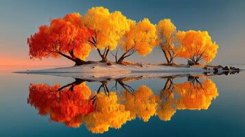 Colorful trees reflect in calm water at sunrise over a serene landscape in autumn photo