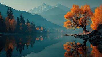 Vibrant autumn landscape by tranquil lake with mountain backdrop in the early morning light photo