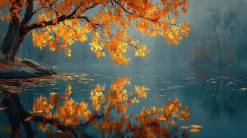 Autumn leaves reflect on tranquil water near a foggy forest in the early morning light photo