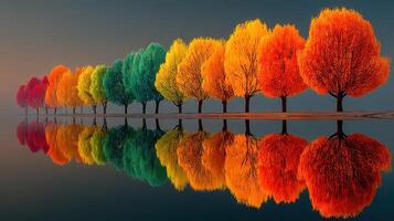 Vibrant autumn trees reflect in calm water during sunset at a serene lakeside location photo