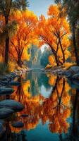 Vibrant autumn colors reflecting in a serene river surrounded by golden trees photo