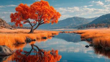 Bright orange tree stands by calm river reflecting mountains and colorful sky during golden hour in autumn landscape photo