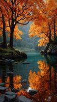 Vibrant autumn trees reflecting in a serene river at sunrise near a valley photo