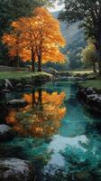 Autumn trees reflect in clear water at a tranquil stream in a lush valley photo