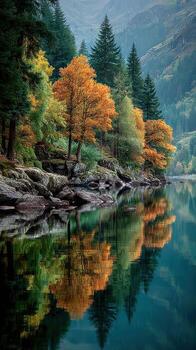 Colorful autumn trees reflect in tranquil lake surrounded by mountains and evergreen forest in a serene landscape setting photo
