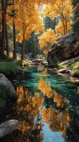 Beautiful autumn landscape with colorful foliage reflecting in a tranquil stream photo