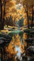 Autumn colors reflecting on tranquil river surrounded by trees at golden hour photo