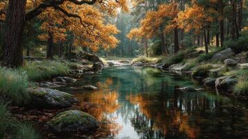 Tranquil river flowing through a forest with autumn foliage reflecting in calm waters photo