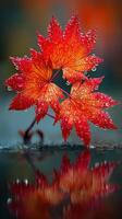 Vibrant red maple leaves glisten with droplets on a rainy autumn day, beautifully reflected in a calm puddle photo