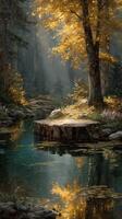Autumn reflections in a serene forest landscape with a calm stream at midday photo