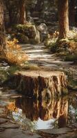 Tranquil forest clearing with a tree stump reflecting in water during golden hour photo