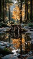 Colorful autumn landscape with tree stump reflected in tranquil water at sunset in a serene forest setting photo