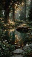 Tranquil forest landscape with a pond reflecting trees at golden hour photo