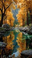 Autumn colors reflecting on a tranquil river surrounded by vibrant trees in a serene landscape photo