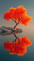 Vibrant orange tree reflected in calm water at sunset near rocky shore photo