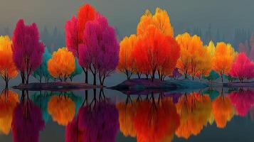 Vivid autumn trees reflecting on a tranquil lake during early morning hours photo