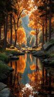 Vibrant autumn reflections in a tranquil forest stream at golden hour photo