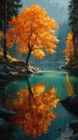 Vibrant autumn tree reflects in calm waters of a serene river surrounded by forest in early morning light photo