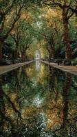 Serene park pathway lined with trees reflecting in calm water during autumn afternoon photo