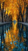 Majestic autumn landscape with vibrant orange trees reflecting on tranquil waterway in a peaceful setting photo