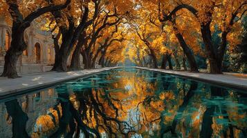 Golden autumn trees reflect in tranquil water of a serene park during sunset in a peaceful urban setting photo