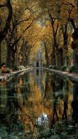 Beautiful autumn landscape featuring a canal lined with trees and a historic building in a serene setting photo