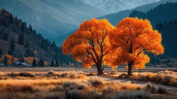 Vibrant autumn trees create a stunning landscape in a mountainous valley during sunset photo
