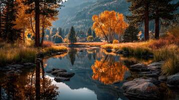 Stunning autumn landscape with vibrant trees reflecting in a calm lake at sunset near a mountain photo