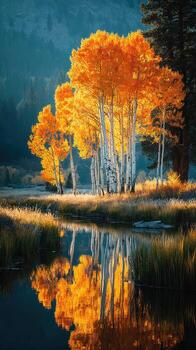 Vibrant autumn foliage reflected in a serene lake under a clear sky during golden hour in a tranquil forest setting photo