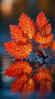 Bright autumn leaves illuminated by sunlight reflecting on calm water surface in a serene natural setting photo