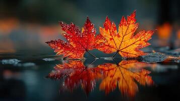 Vibrant autumn leaves reflecting on calm water surface during twilight hour photo