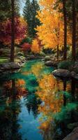 Colorful autumn foliage reflects on a tranquil pond in a serene landscape during a sunny afternoon photo