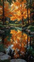 Autumn leaves reflect on a tranquil pond surrounded by trees in a serene park setting during golden hour photo
