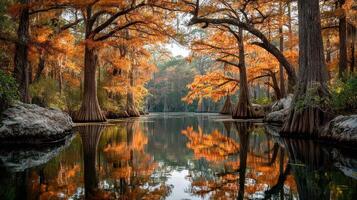 Stunning autumn landscape with vibrant orange trees reflected in calm water at a serene lake photo