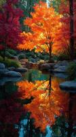 Vibrant autumn landscape with a colorful tree and serene water reflection in a tranquil park setting photo