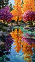 Vibrant autumn landscape with reflective water and colorful trees in a serene natural setting photo