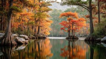 Autumn foliage reflects in quiet waters of a serene bayou surrounded by cypress trees at dawn photo