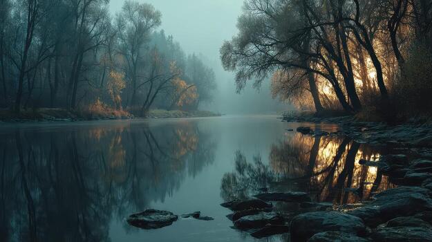 Sunrise over a misty river with autumn trees reflecting on calm water photo