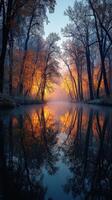 Autumn foliage reflects in tranquil river at dawn with mist rising through the trees photo