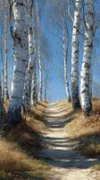Serene pathway lined with birch trees under a clear blue sky in early spring photo