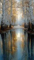 Serene autumn path lined with birch trees reflecting in calm water at dawn photo