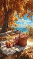 Autumn picnic by the lake with a basket of fruits and a cozy blanket under a vibrant tree photo
